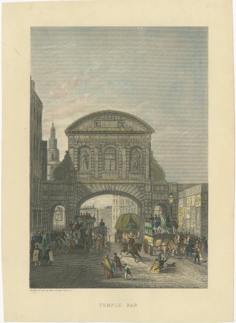 1829 Etching of Temple Bar in Bustling Regency London, view 2