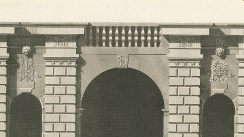 Cour des Fontaines, Architectural Copperplate Engraving by Baltard, 1803, close-up 2