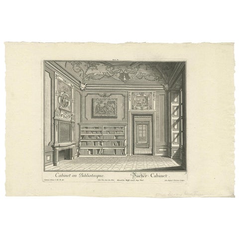 Decorative Antique Print of a Book Cabinet and Library by Wolff, ca.1737