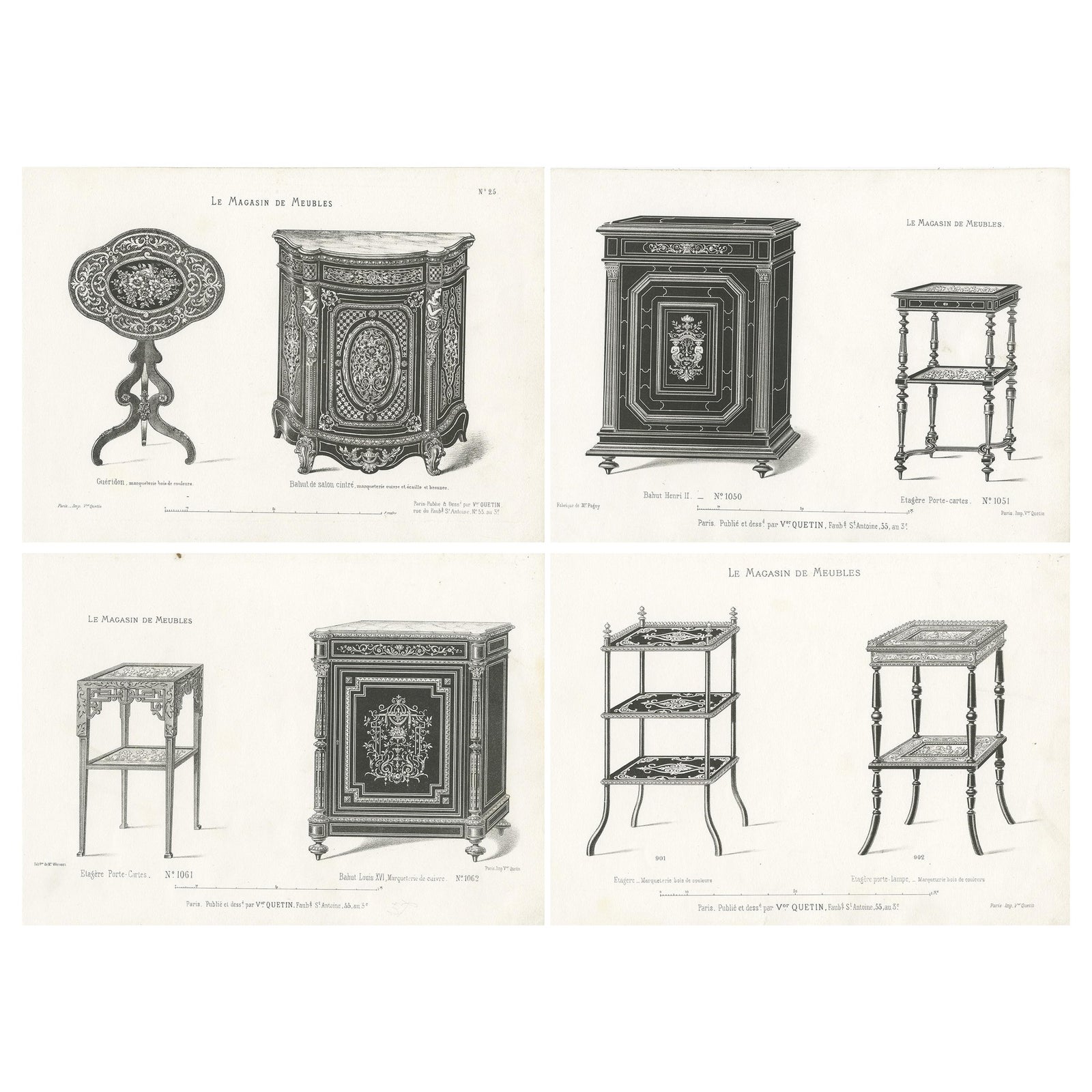 Set of 4 Antique Furniture Prints of Bahuts and Étagères by Quetin, circa 1860