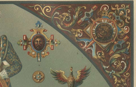 German Renaissance Painted Sculpture Print by Dolmetsch, Ornamentenschatz, 1887, close-up 1