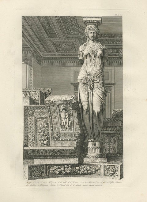 Antique Caryatid Sculpture of the Louvre Interior, Baltard Paris 1803, close-up 1