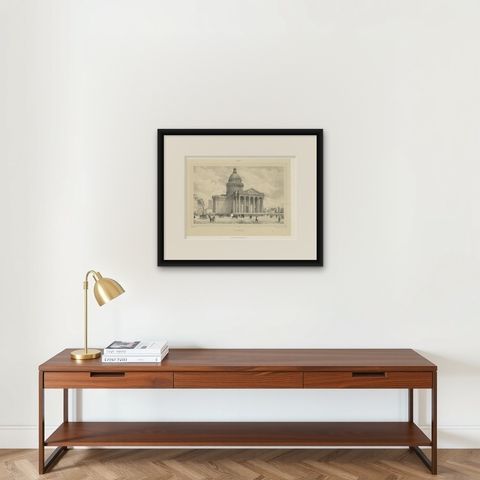 Decorative Engraved Panthéon Paris in the 1800s by Bry & Benoist, shown framed on a wall, true to size