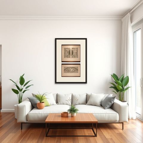 Antique Louvre Architectural Engravings Pair, French Neoclassical Reliefs, 1803, shown framed in a room, true to size