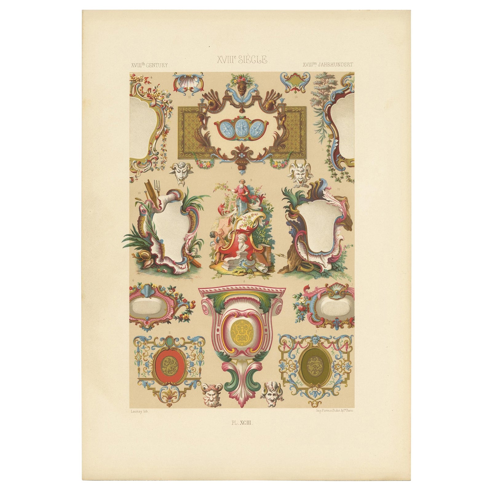 Pl. 93 Antique Print of XVIIIth Century Ornaments by Racinet (c.1890)