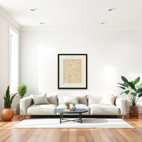 Antique Print of Furniture Details by Kramer, circa 1910, shown framed in a room, true to size
