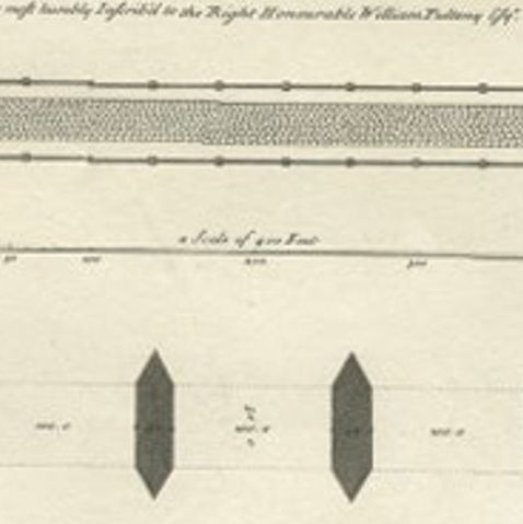 Antique Print of a Design for a Bridge across the Thames, London, England, 1725, close-up 1