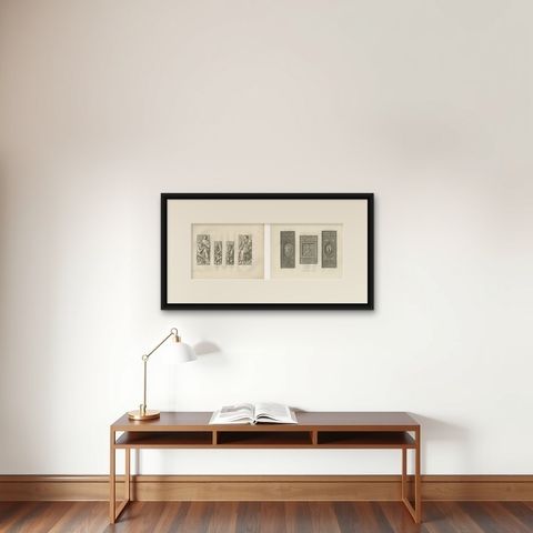 Antique Louvre Sculptures & Institut Ceiling Ornament Prints, Baltard 1803, shown framed on a wall, true to size