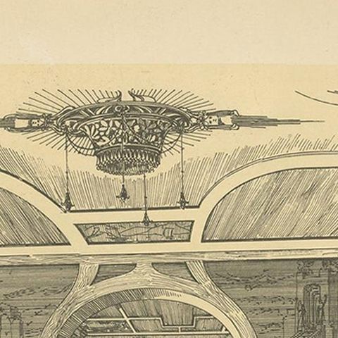 Decorative Antique Print of a Library, Published circa 1910, close-up 1