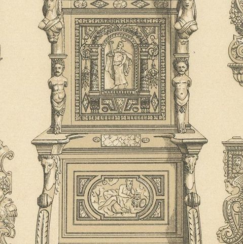 Pl. 75 Antique Print of European XVIth-XVIIth Furniture by Racinet 'circa 1880', close-up 2