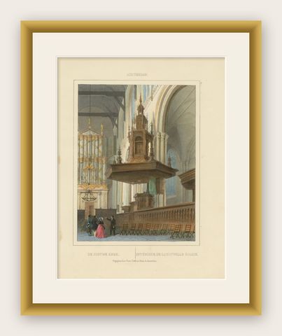 Antique View of Nieuwe Kerk Interior, Amsterdam, Hand-Colored Lithograph, c.1850, shown framed