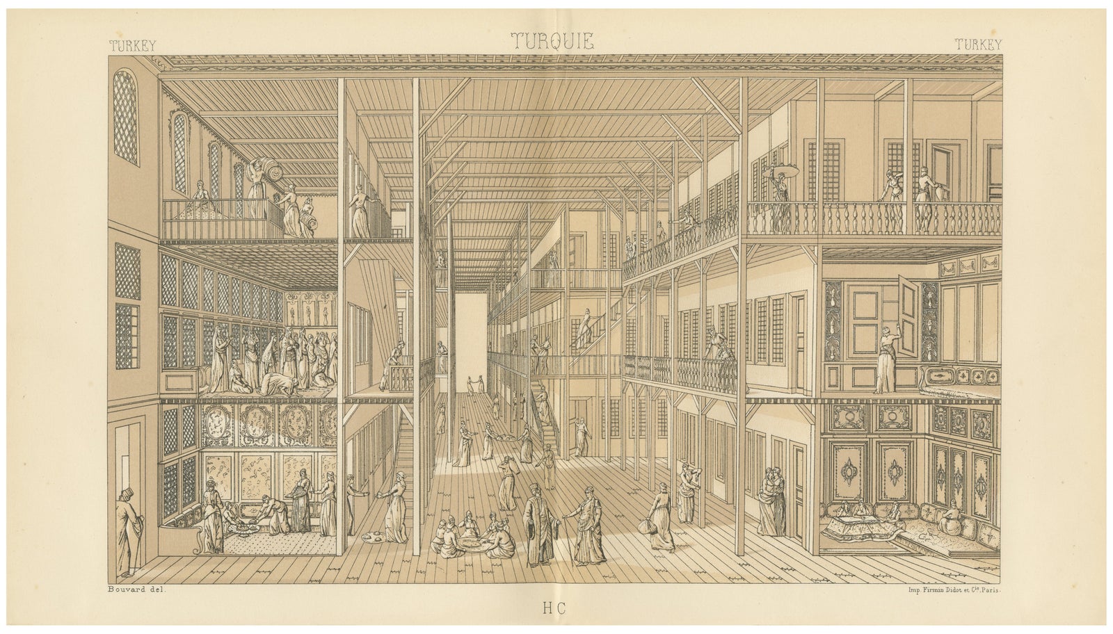Ottoman Harem Interior Lithograph, Constantinople, Melling, Paris c.1888