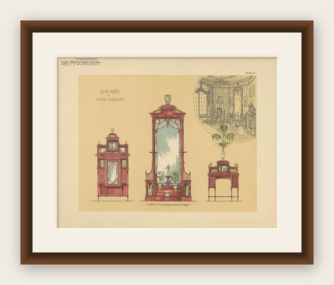 Pl. 16 Antique Print of Salon Furniture by Kramer 'circa 1910', shown framed
