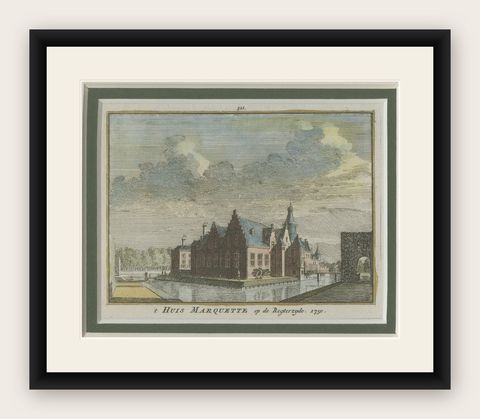 Antique Print of 'Huis Marquette', a Castle in Holland, c.1750, shown framed