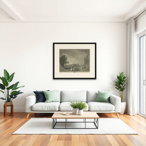 Antique Print of Windsor Castle in England, 1783, shown framed in a room, true to size