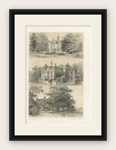 Old Print of Castles & Other Views between Zwolle & Deventer, The Netherlands, shown framed