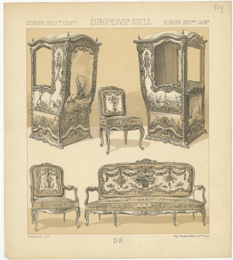 Pl. 109 Antique Print of European XVIIIth Century Furniture by Racinet, view 2
