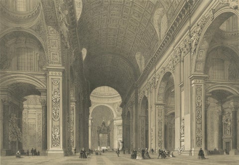 Interior of St. Peter’s Basilica Vatican Rome, Benoist Lithograph 1869, close-up 1