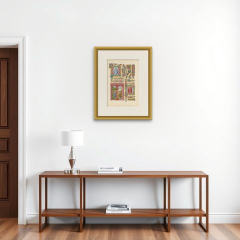Pl. 77 Antique Print of Renaissance Initials and Ornaments by Racinet circa 1890, shown framed on a wall, true to size