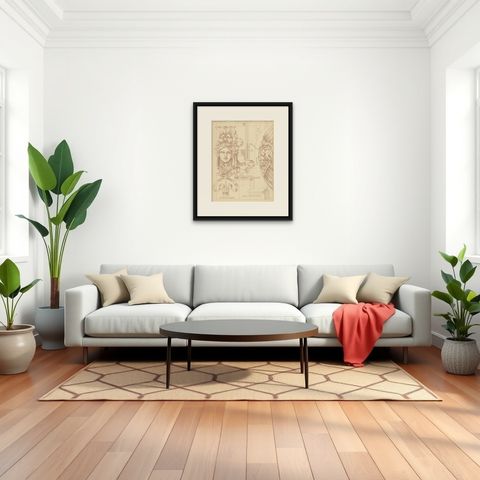Pl. 35 Antique Print of Furniture Details by Kramer 'circa 1910', shown framed in a room, true to size