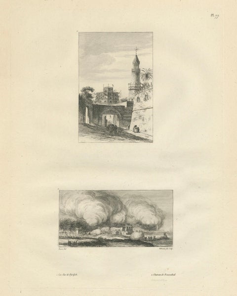 Egyptian City Architecture with Tower, Denon Engraving, 1802, close-up 1