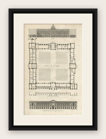 Plan, Elevation et Coupe du Louvre, Architectural Engraving by Baltard, c.1799, shown framed