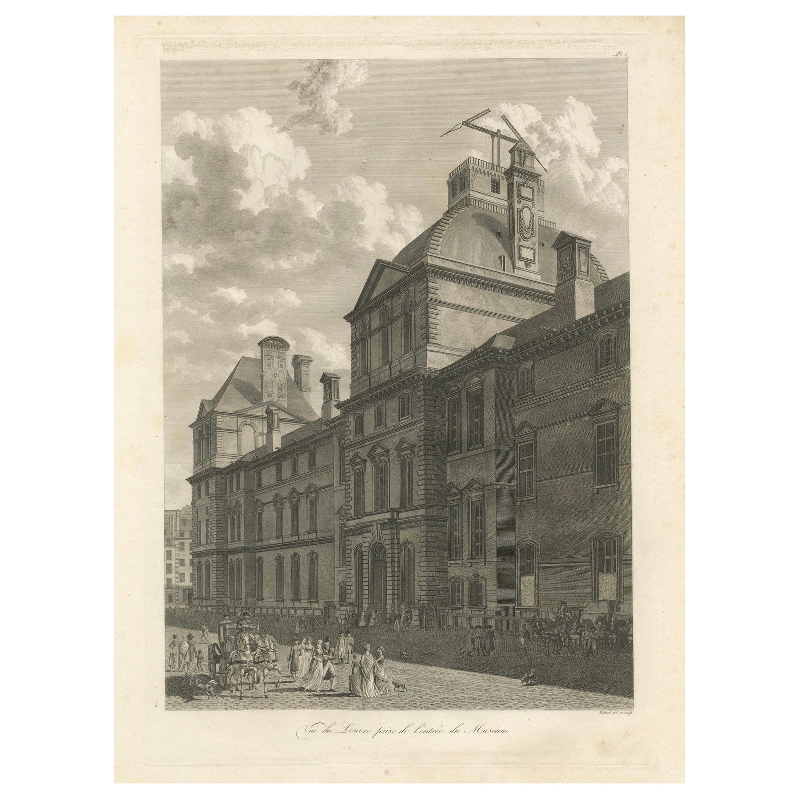 Antique Louvre Museum Entrance Engraving, Paris Architectural View, French, 1803