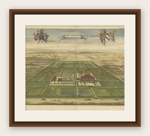 Antique Print of the Oostkapelle Estate near Domburg, The Netherlands, 1696, shown framed