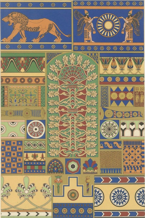 Assyrian Ornament Print, Color Lithograph of Ancient Motifs and Symbols, c.1869, close-up 6