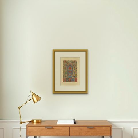 Renaissance Ornament Print, “Por la Gracia de Dios” with Cherubs & Scrollwork, shown framed on a wall, true to size