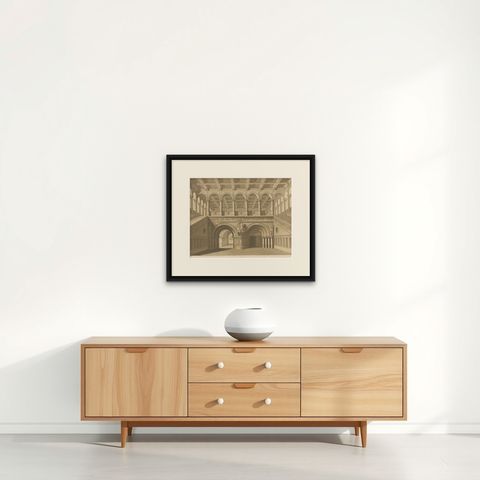 Architectural Elegance: Schinkel's Stairhall, Circa 1874, shown framed on a wall, true to size