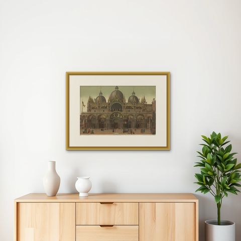 Large Antique Print of the Main Facade of the Basilica of San Marco, 1881, shown framed on a wall, true to size