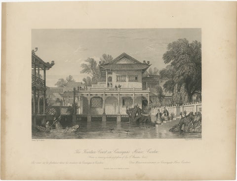Antique China Consequa House Canton Print, Thomas Allom Steel Engraving 1843, view 2