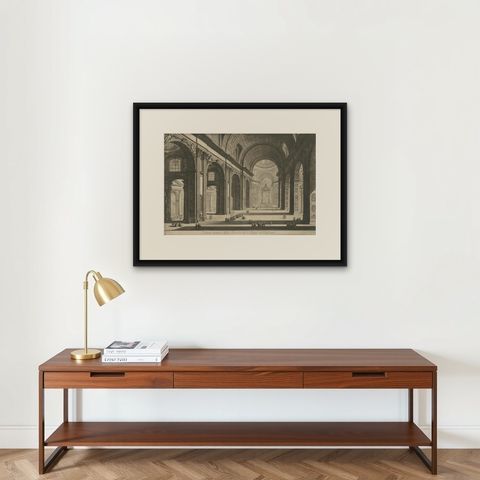 Antique Print of the Interior of St Peter's Basilica in the Vatican, c.1820, shown framed on a wall, true to size