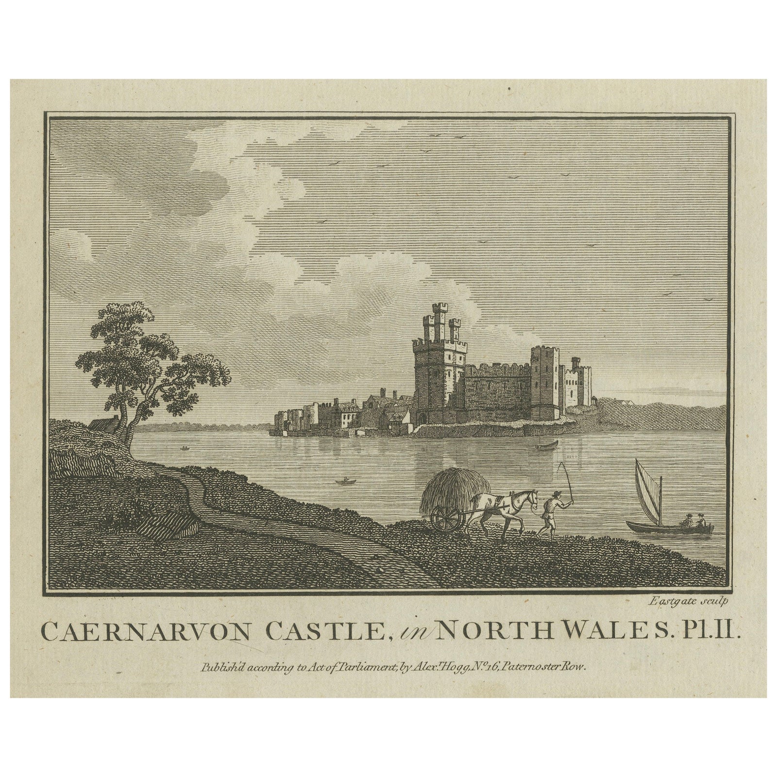 Caernarvon Castle in North Wales, Antique English Engraving by A.Hogg, ca.1785