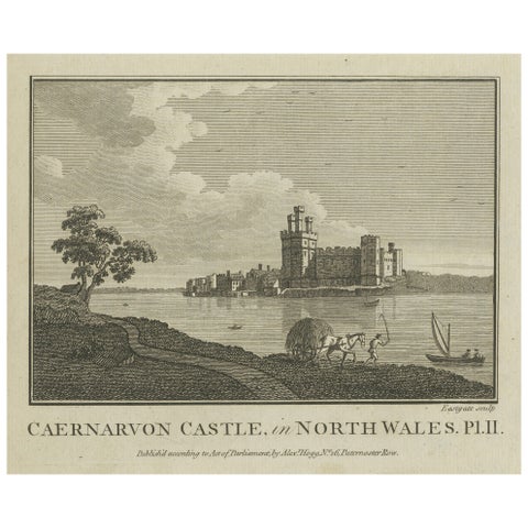 Caernarvon Castle in North Wales, Antique English Engraving by A.Hogg, ca.1785
