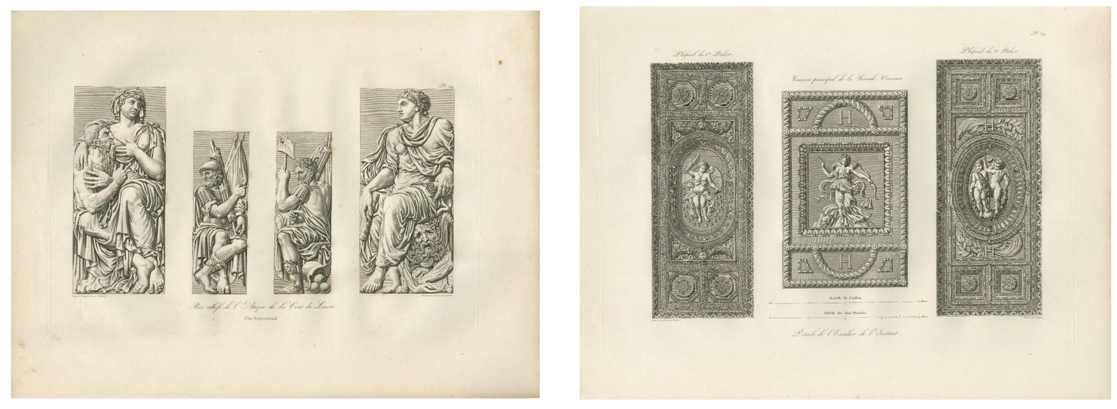 Antique Louvre Sculptures & Institut Ceiling Ornament Prints, Baltard 1803
