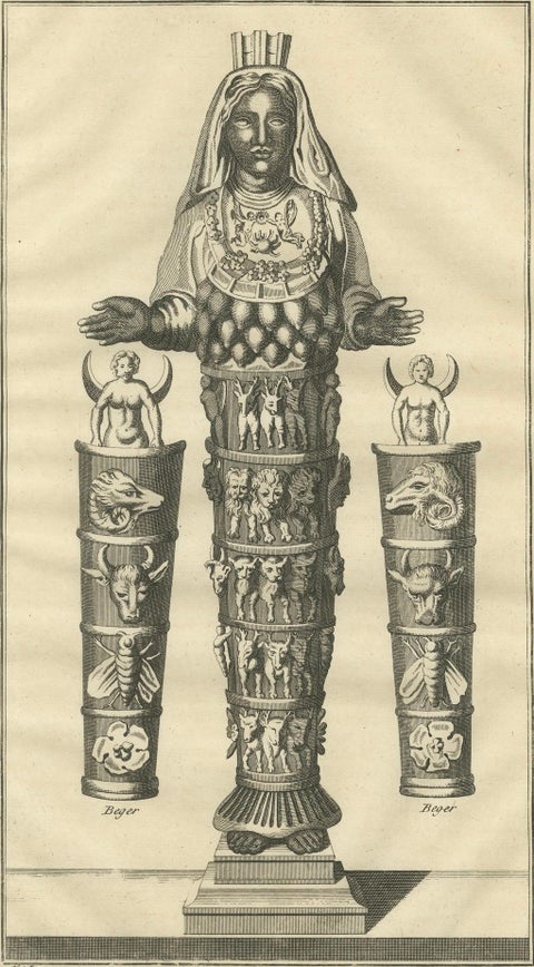 Diana of the Ephesians Antique Engraving, Montfaucon Antiquité Expliquée 1721, close-up 2