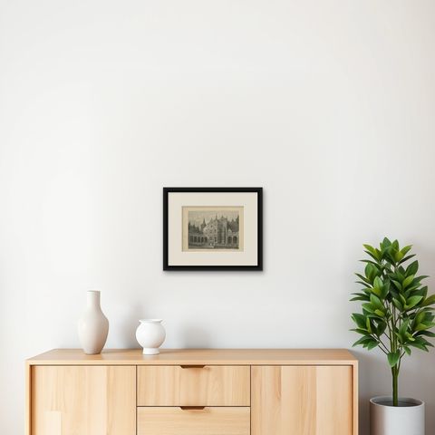 Antique Print of the Holland House in Middlesex by Hall, 1846, shown framed on a wall, true to size