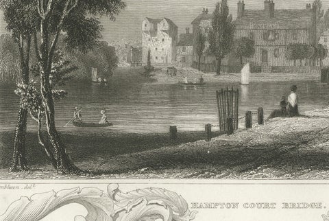 Reflective Waters and Bygone Days: The Hampton Court Bridge Engraving, 1835, close-up 2