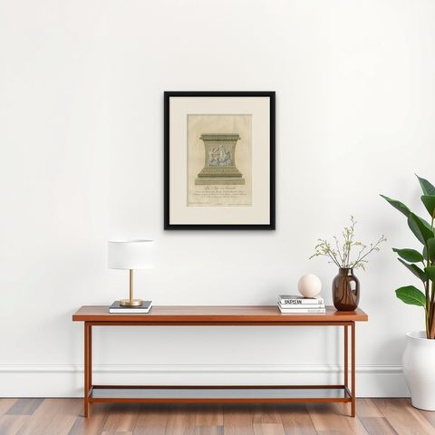 Rare Antique Engraving of a Large Ornamental Bacchic Altar or Pedestal, 1740, shown framed on a wall, true to size