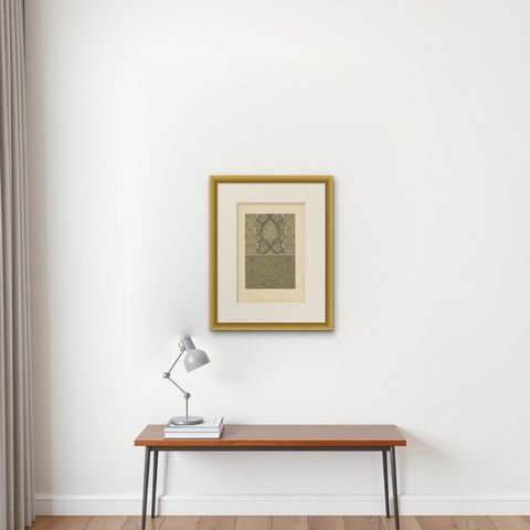 Pl. 85 Antique Print of XVIIth Century Ornaments by Racinet, circa 1890, shown framed on a wall, true to size