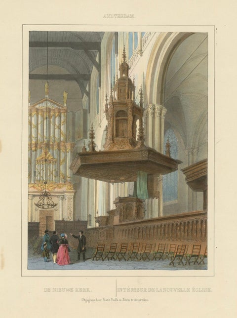 Antique View of Nieuwe Kerk Interior, Amsterdam, Hand-Colored Lithograph, c.1850, close-up 6