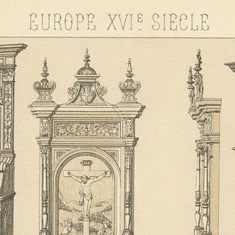 Pl 50 Antique Print of European 16th Century Furniture by Racinet, close-up 1
