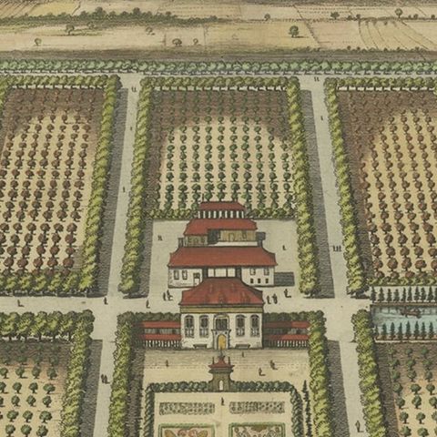 Old Decorative Handcolored Engraving of the Molenbaix Estate in Belgium, 1696, close-up 2