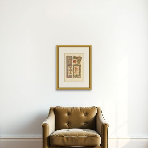 Decorative Antique Print of Manuscripts Decoration, Anglo-Saxon, circa 1890, shown framed on a wall, true to size
