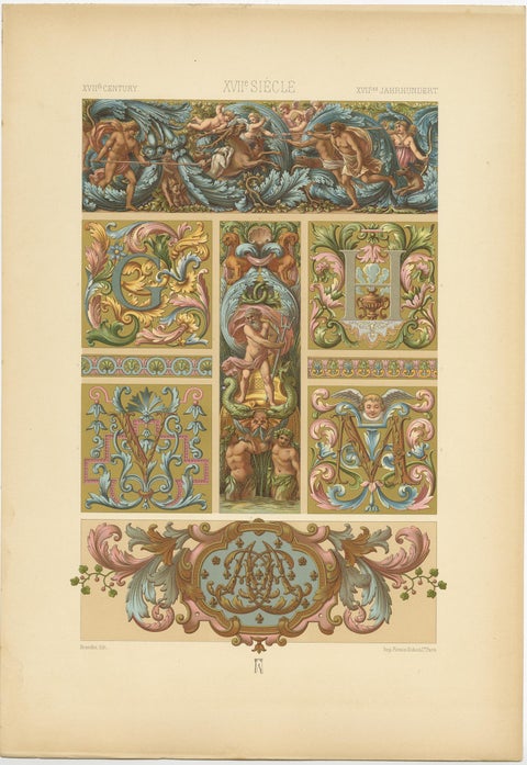 Pl. 111 Antique Print of 17th Century from Interior Decor by Racinet, circa 1890, view 4