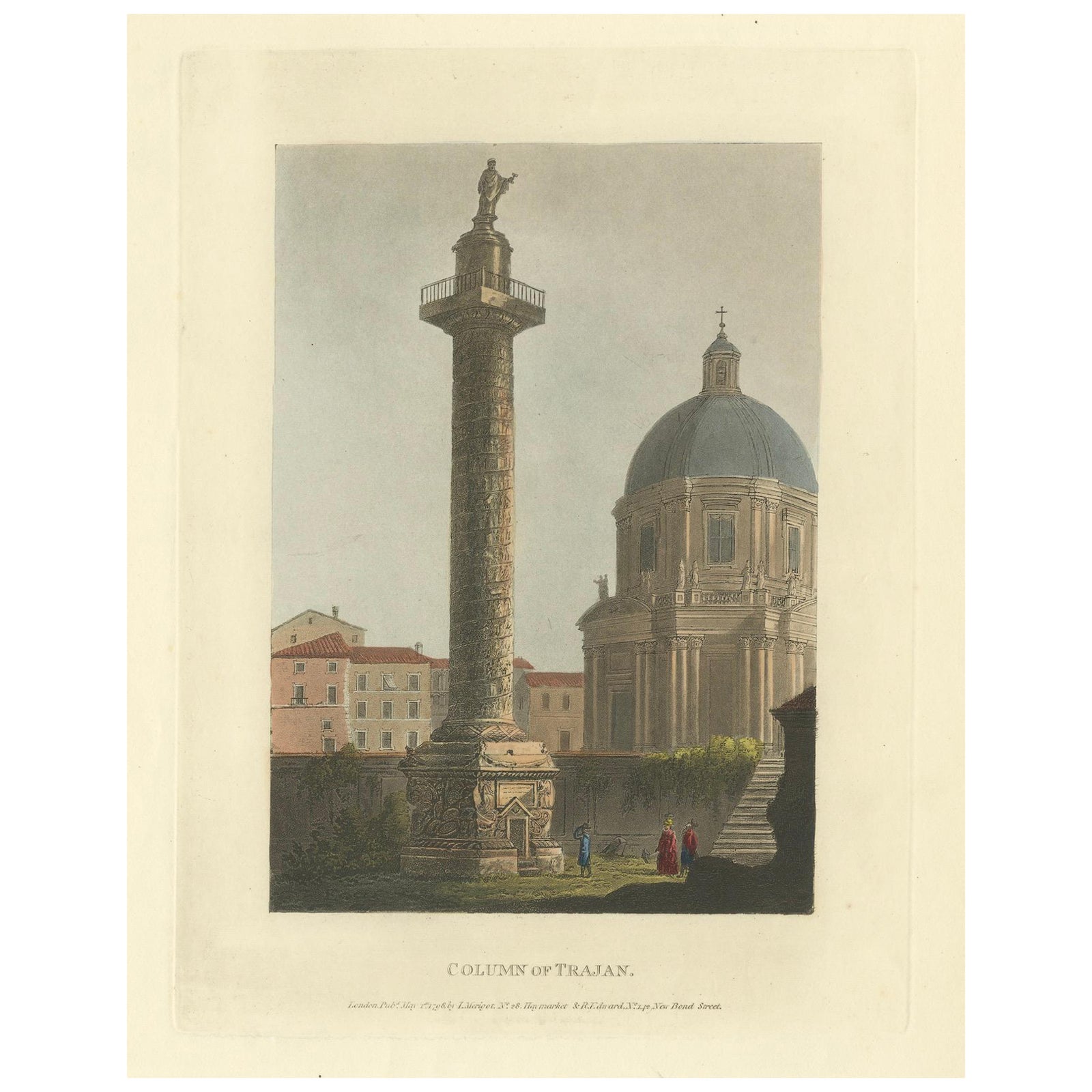 Column of Trajan, Rome, Original Hand-Colored Engraving, 1798