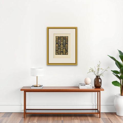 Pl. 94 Antique Print of XVIIth, XVIIIth Century Ornaments by Racinet (c.1890), shown framed on a wall, true to size