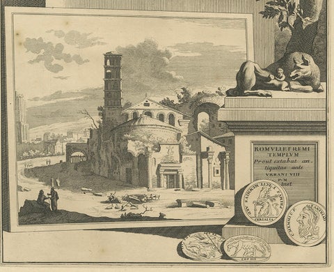 Antique Print of the Temple of Romulus in Rome, Italy C.1705, close-up 3